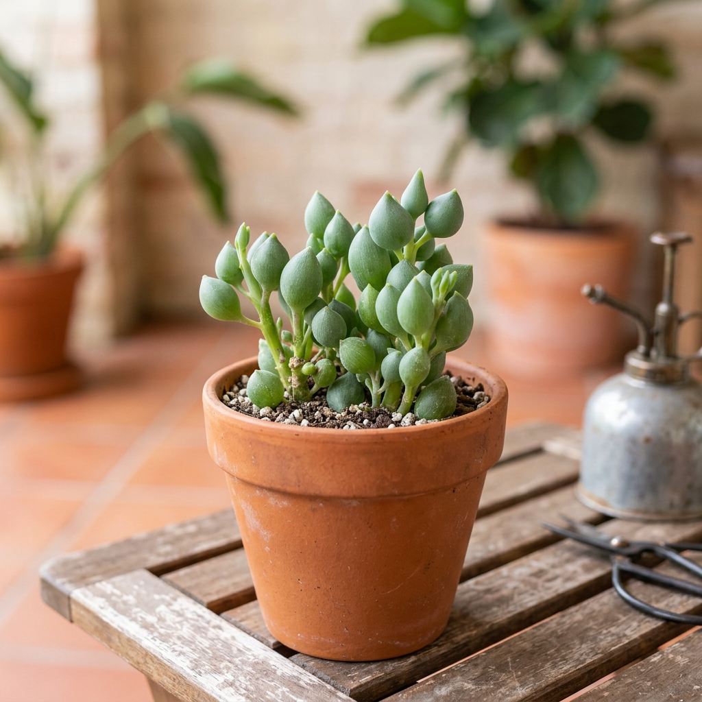 String of Lemons succulent styled in a terracotta pot on a sheltered patio table; decorative pot sold separately