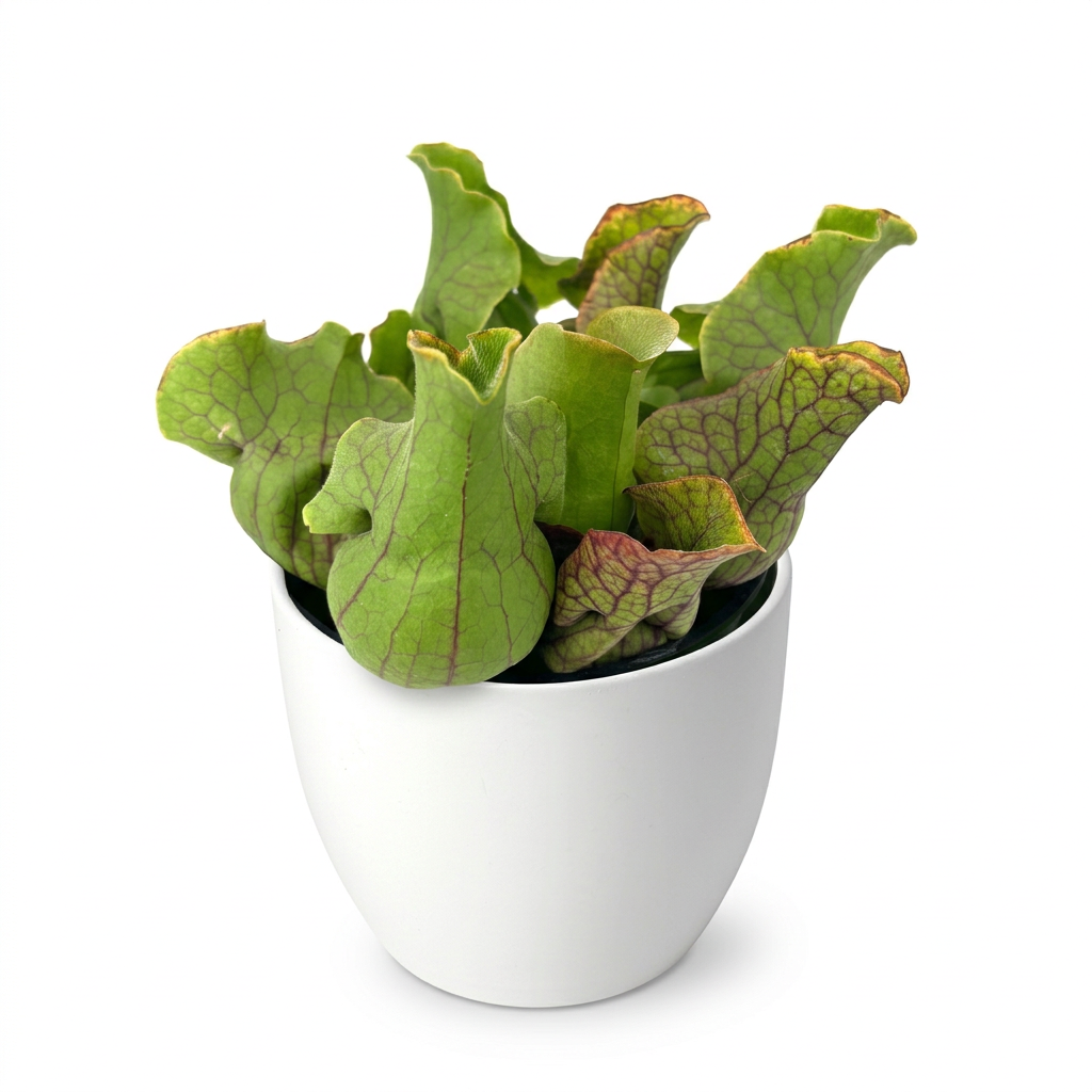 Jumbo Sarracenia pitcher plant styled in a white 6-inch BASEL cover planter; decorative planter sold separately