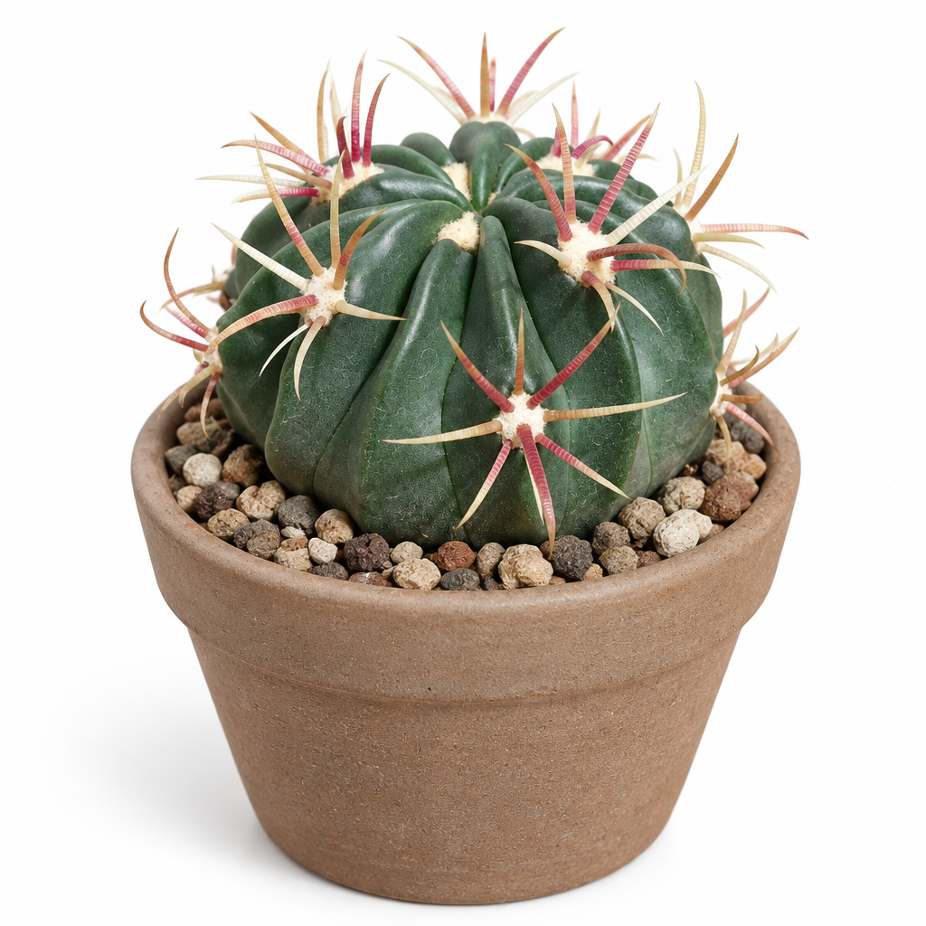 Devil’s Tongue Barrel Cactus directly planted in taupe terracotta on white