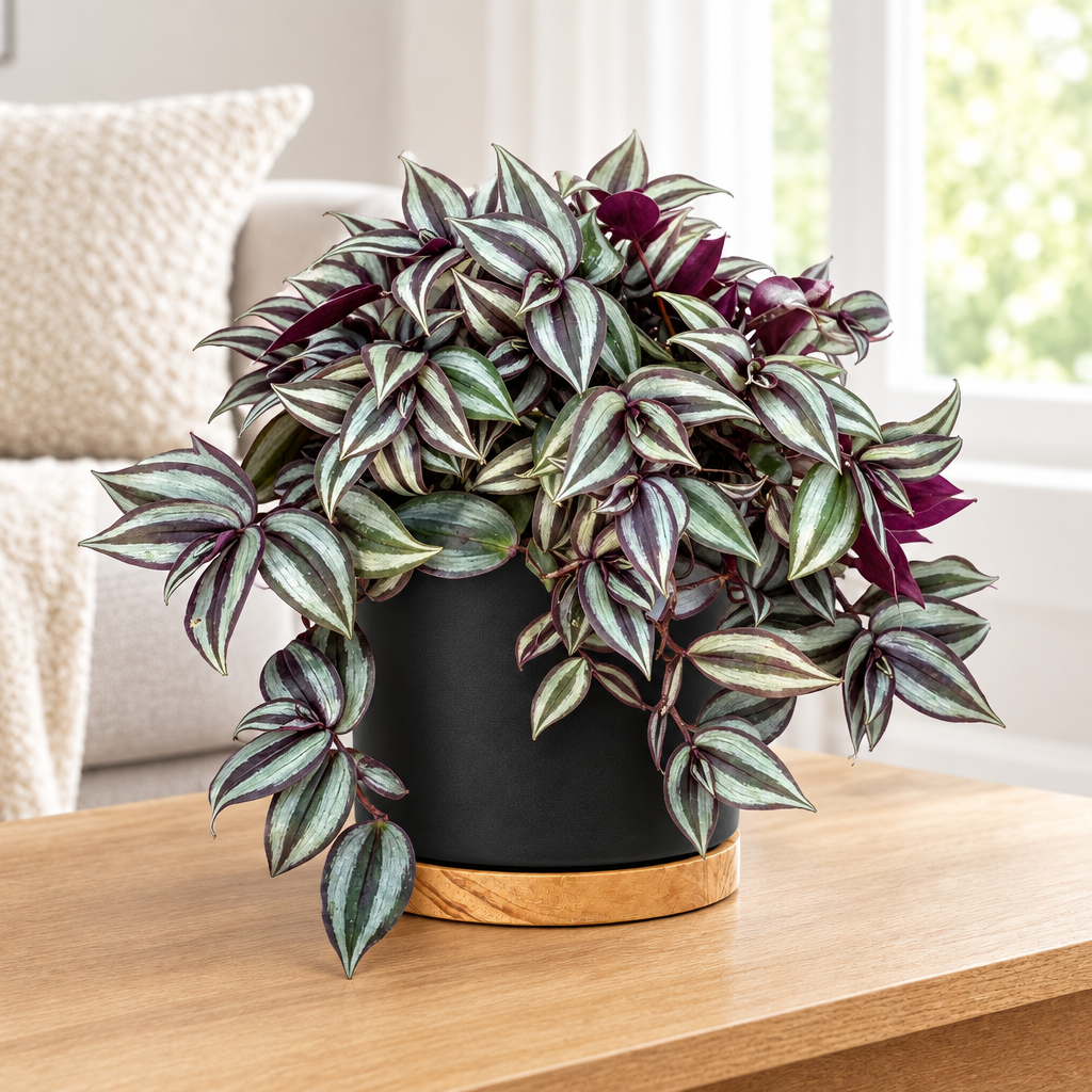 Tradescantia Silver Plus styled in separately sold black Oslo planter with wood-grain base