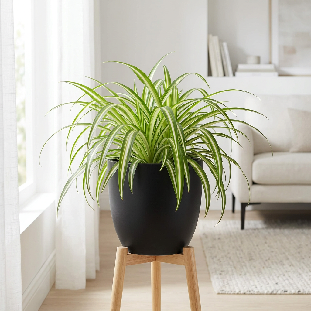 Variegated Spider Plant in a black BASEL planter on a wood plant stand beside a bright window; decorative planter sold separately