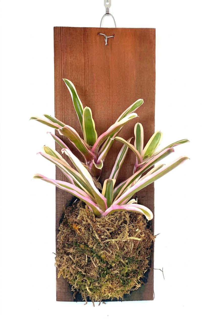 Mounted Neoregelia Donger on its included wood plank with hanging wire, white studio view; wall hook not included.