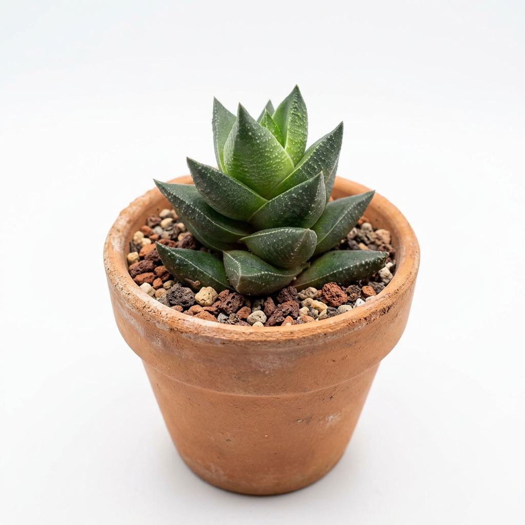 Haworthia resendeana styled in a classic terracotta pot on white; terracotta pot sold separately