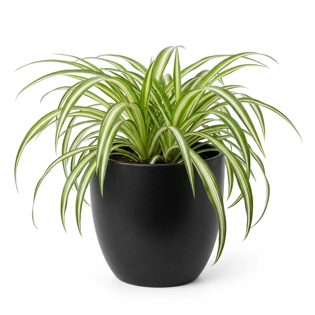 Variegated Spider Plant styled in a black BASEL planter on a white background; decorative planter sold separately