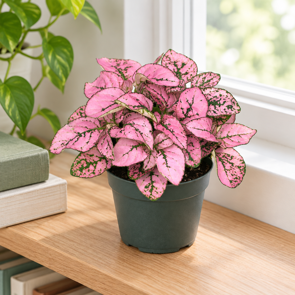 Small Pink Splash polka dot plant in its nursery pot on a shelf near a window