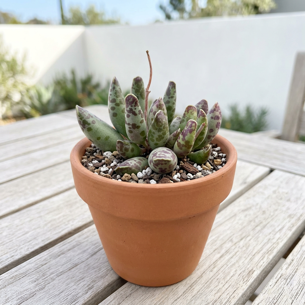 Plover Eggs succulent styled on a bright outdoor patio in a terracotta pot; decorative pot sold separately