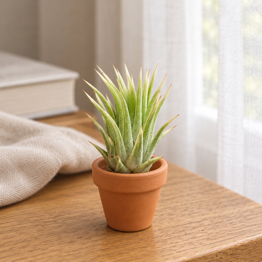 Tillandsia Ionantha Albo-Marginata styled in a terracotta holder on an oak side table beside a window; holder not included