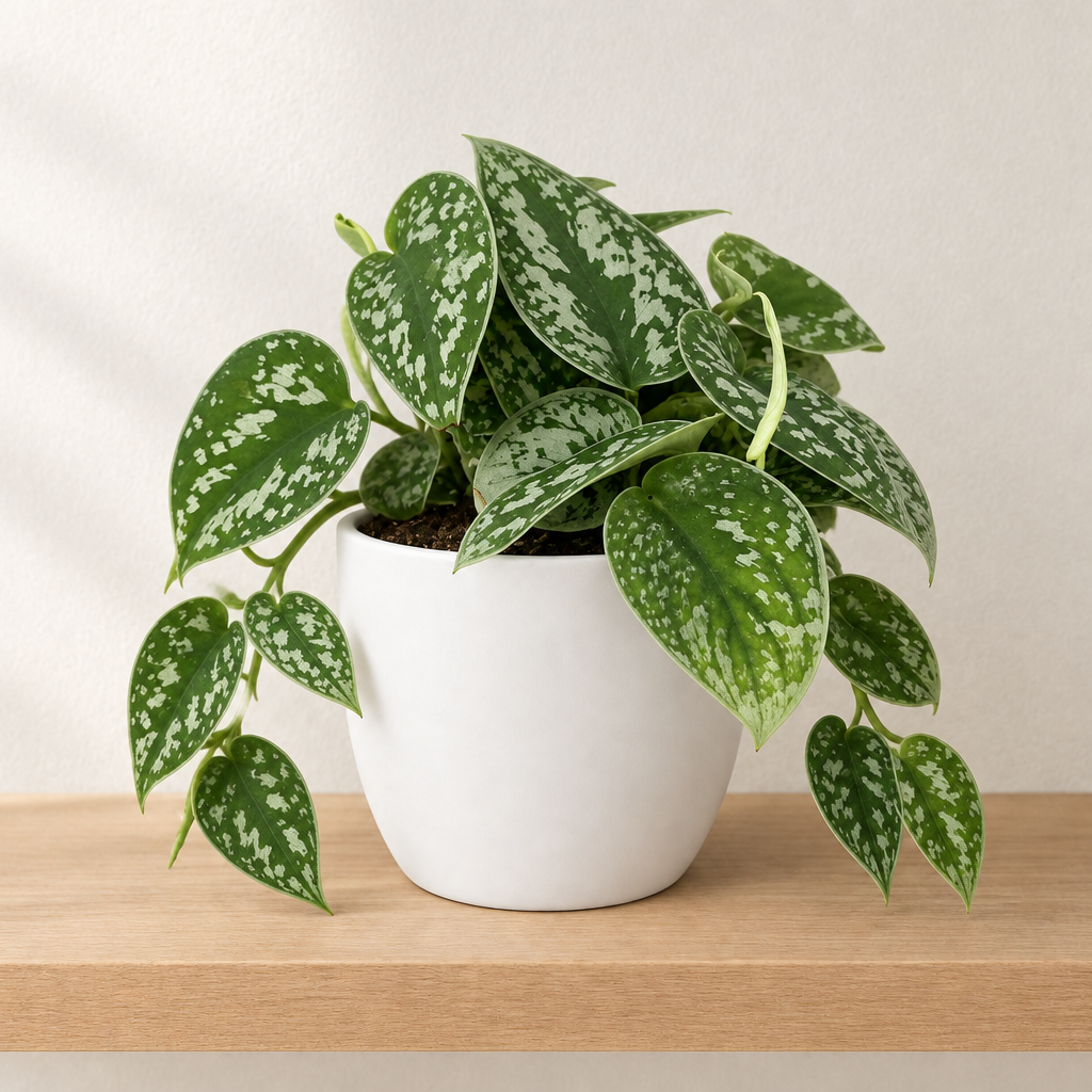 Silver Splash Pothos styled in a white Basel 4.7-inch planter indoors; decorative planter sold separately