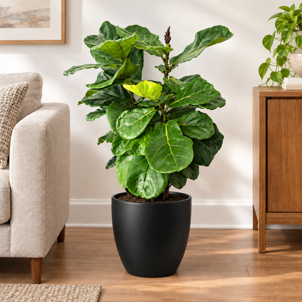 X-large fiddle-leaf fig styled with black Basel 10.6-inch planter, sold separately