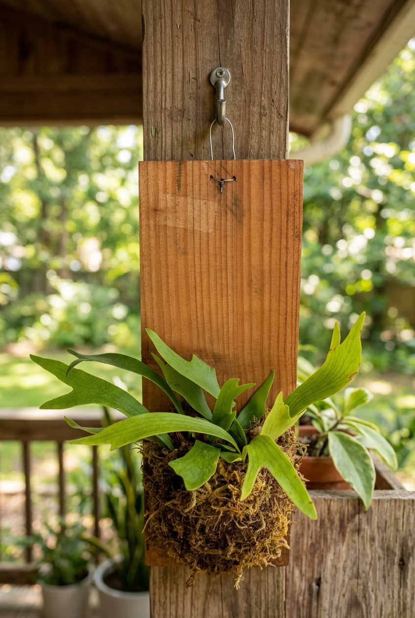 Mounted staghorn fern hanging by wire from a hook on a sheltered shaded porch post; porch hardware and furnishings not included.