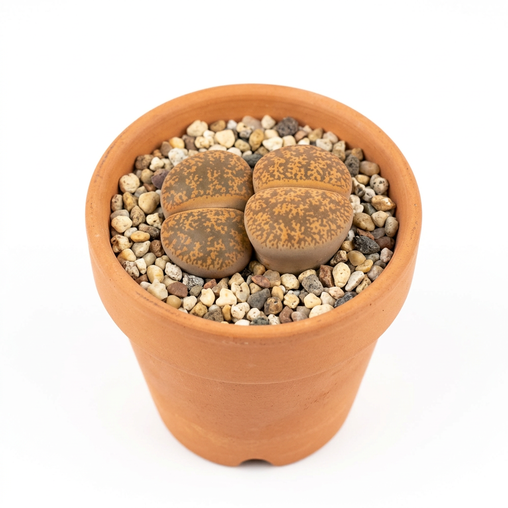 Lithops lesliei living stones styled in a classic terracotta pot; terracotta pot sold separately