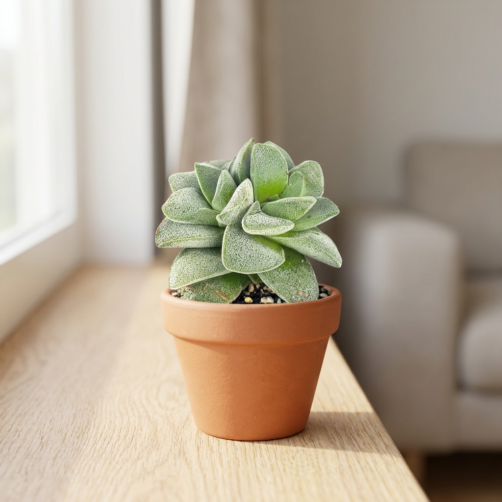 Small Crassula Morgan’s Beauty styled in a terracotta pot in a bright indoor setting; decorative pot and styling accessories sold separately
