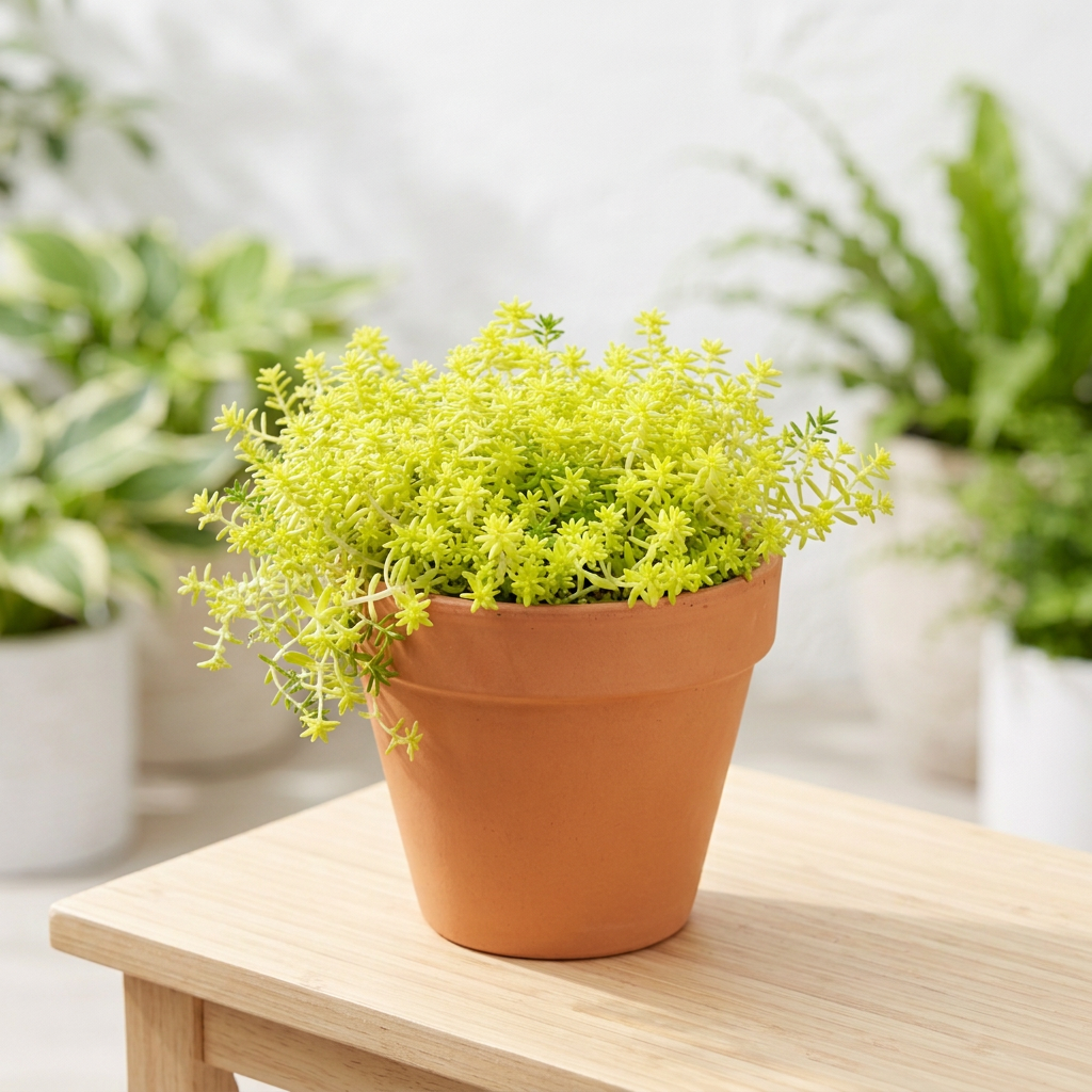 Yellow-gold Sedum De Oro styled on a bright outdoor patio in a terracotta pot; decorative pot sold separately