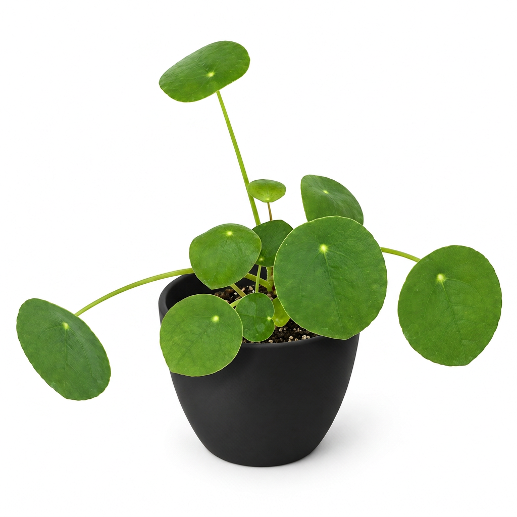 Young Chinese Money Plant with round green leaves on slender stems styled in a black BASEL 4.7-inch planter; decorative planter sold separately, plant ships in a 3.5-inch nursery grow pot