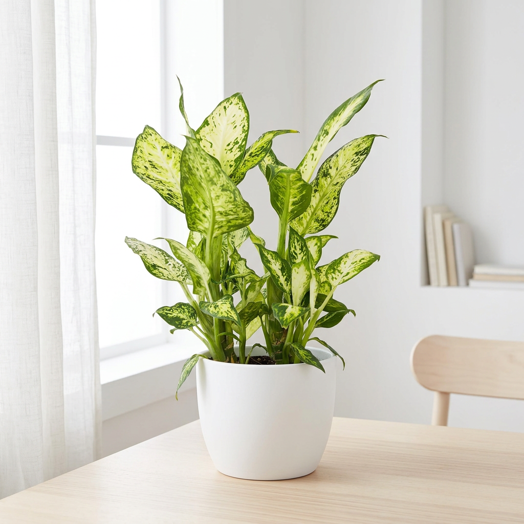 Dieffenbachia Amy styled near a bright indoor window in a white BASEL planter; decorative planter sold separately