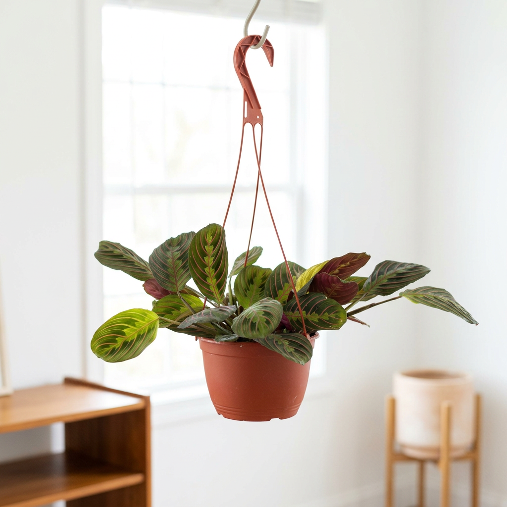 Red Prayer Plant hanging near a bright indoor window; additional hanging accessories sold separately