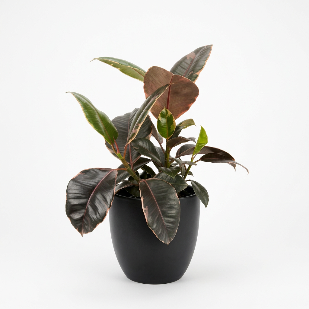 Ficus Decora Ruby styled in a black BASEL decorative planter on a white background, planter sold separately