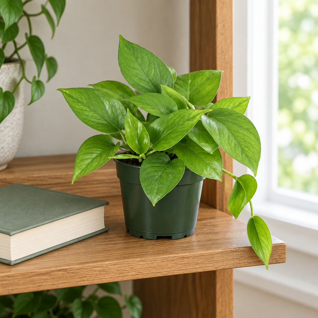 Green Queen Pothos in a 4-inch nursery pot on an indoor shelf