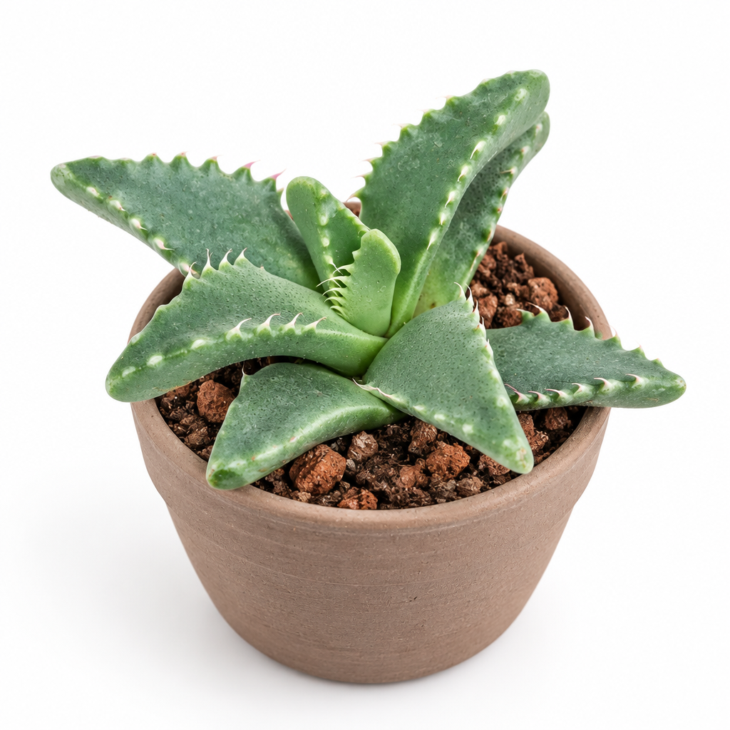 Tiger Jaw Faucaria tigrina directly planted in taupe terracotta on white