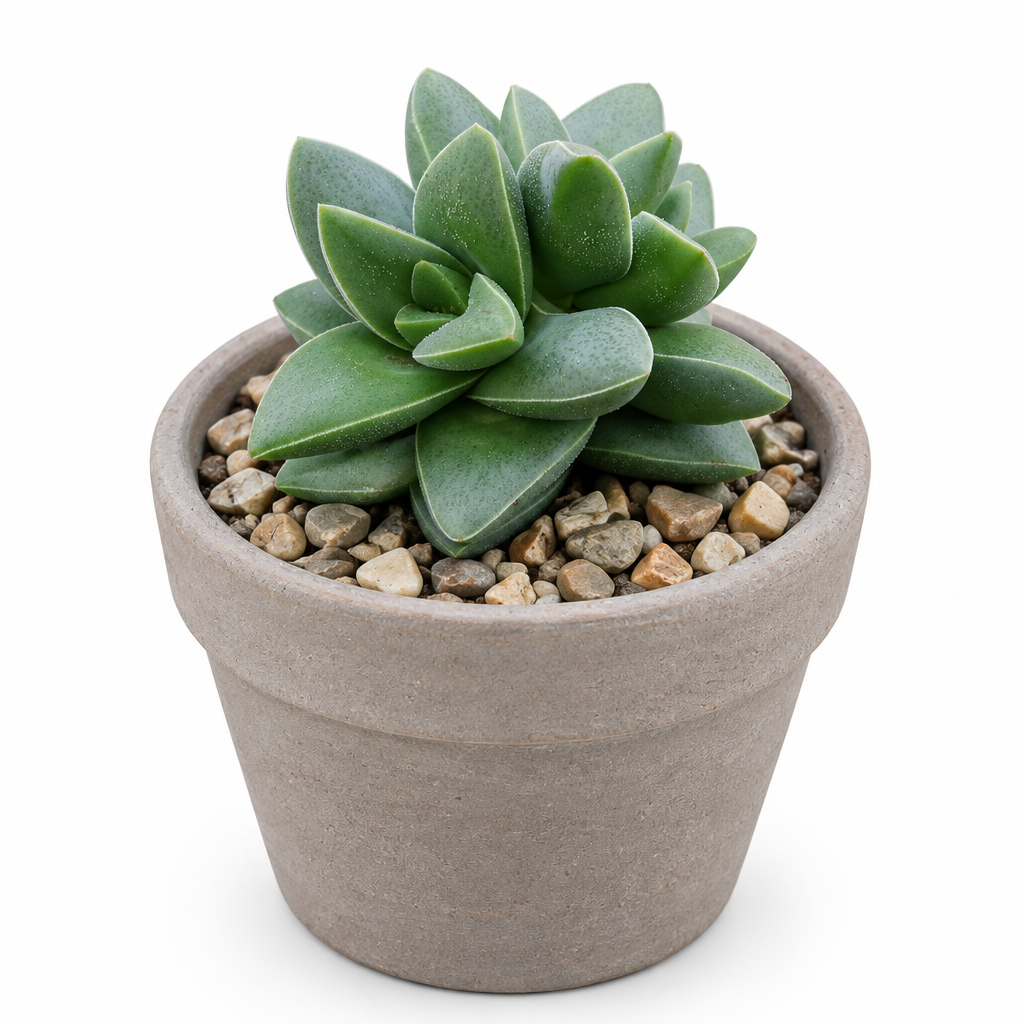Crassula Springtime succulent directly planted in a taupe terracotta pot on a white background