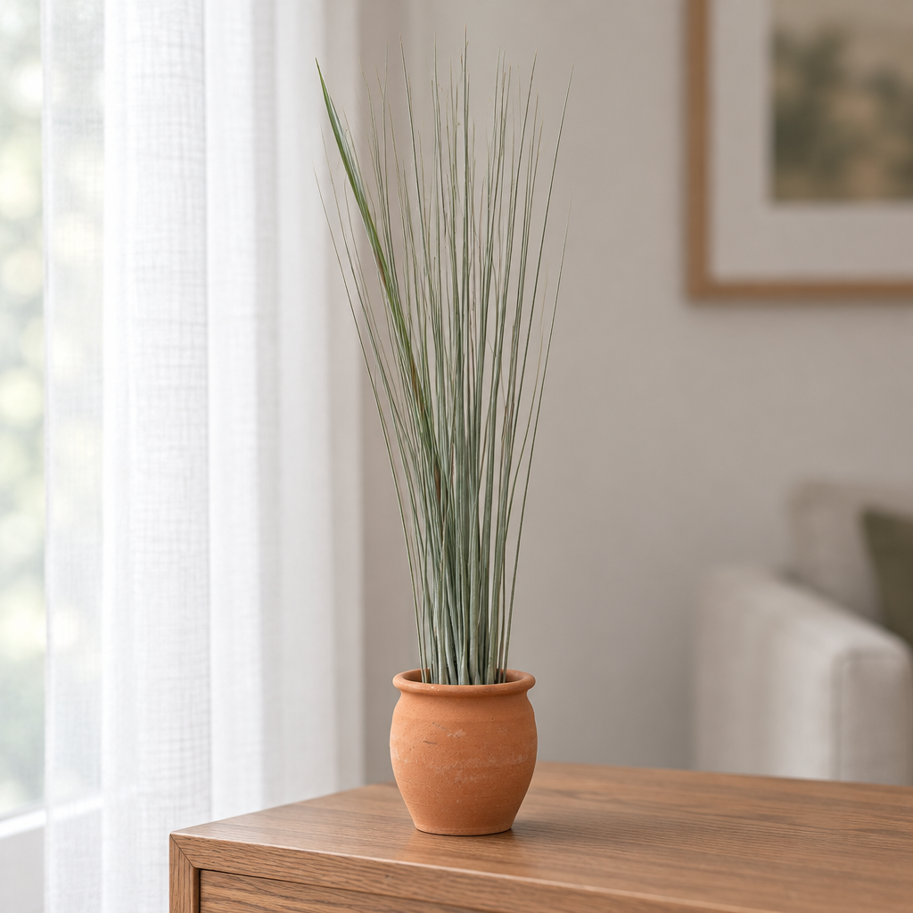 Large Tillandsia Juncea styled in a terracotta holder on an oak console beside a window; holder not included