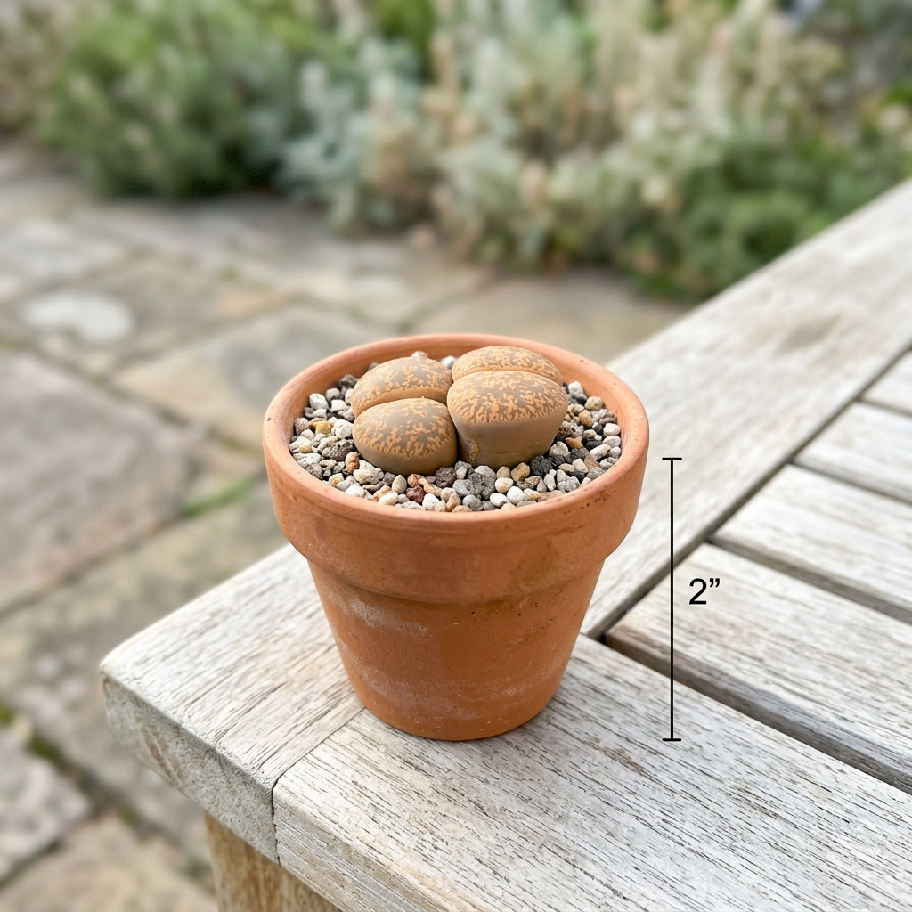 Lithops lesliei living stones styled on an outdoor patio in terracotta; pot sold separately