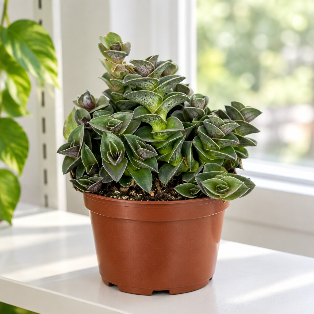 Chain Plant with layered green-purple leaves in nursery pot by indoor window
