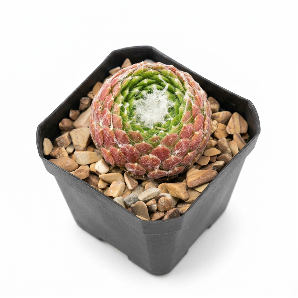 Sempervivum Cebenese with green and reddish leaves and natural white cobweb-like hairs in a 2-inch nursery pot against a white background