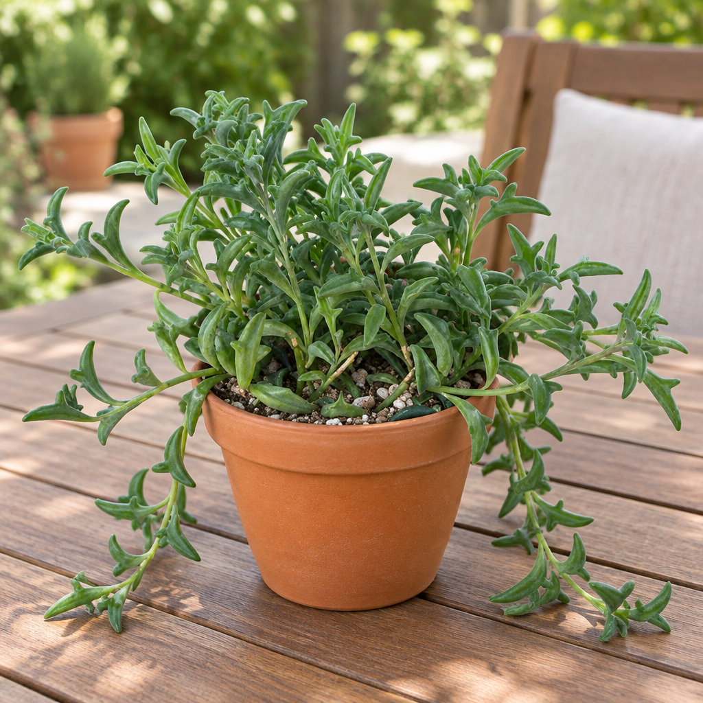 String of Dolphins succulent in decorative terracotta pot on patio table; pot not included