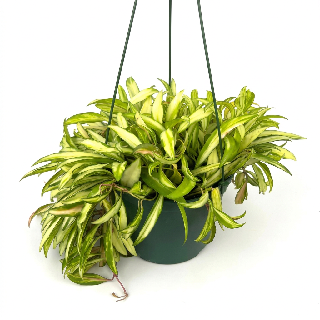 Variegated Hoya Wayetii with cream-yellow and green leaves in its green 6-inch hanging grow pot on a white background.