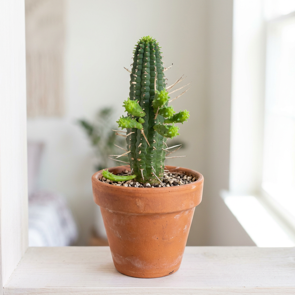 Corn Cob Euphorbia styled in terracotta beside a sunny window; decorative pot sold separately.
