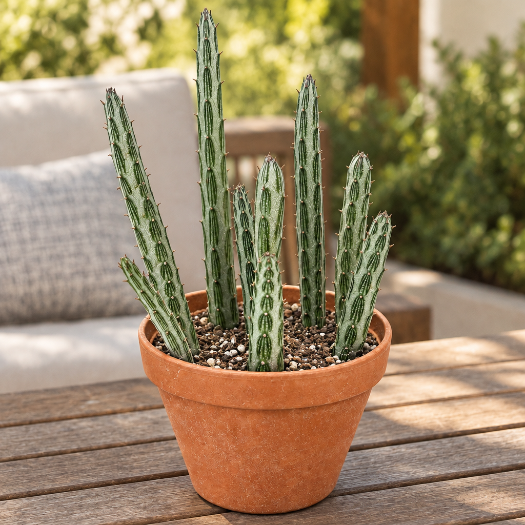 Pickle Plant in a terracotta pot on an outdoor patio table