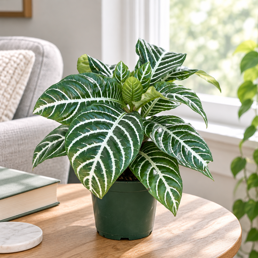 Young Aphelandra zebra plant in its 4-inch nursery pot on an indoor side table