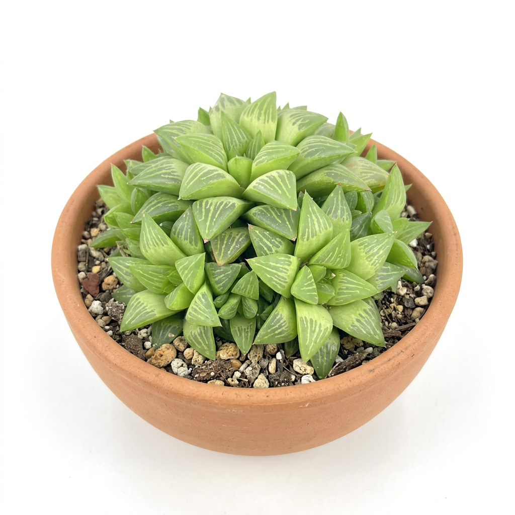 Overhead view of Haworthia retusa in a shallow terracotta bowl; decorative pot not included