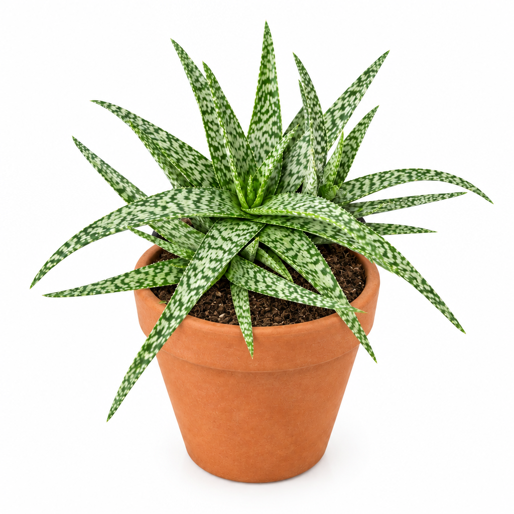 Aloe White Beauty directly planted in a warm terracotta pot on a white background