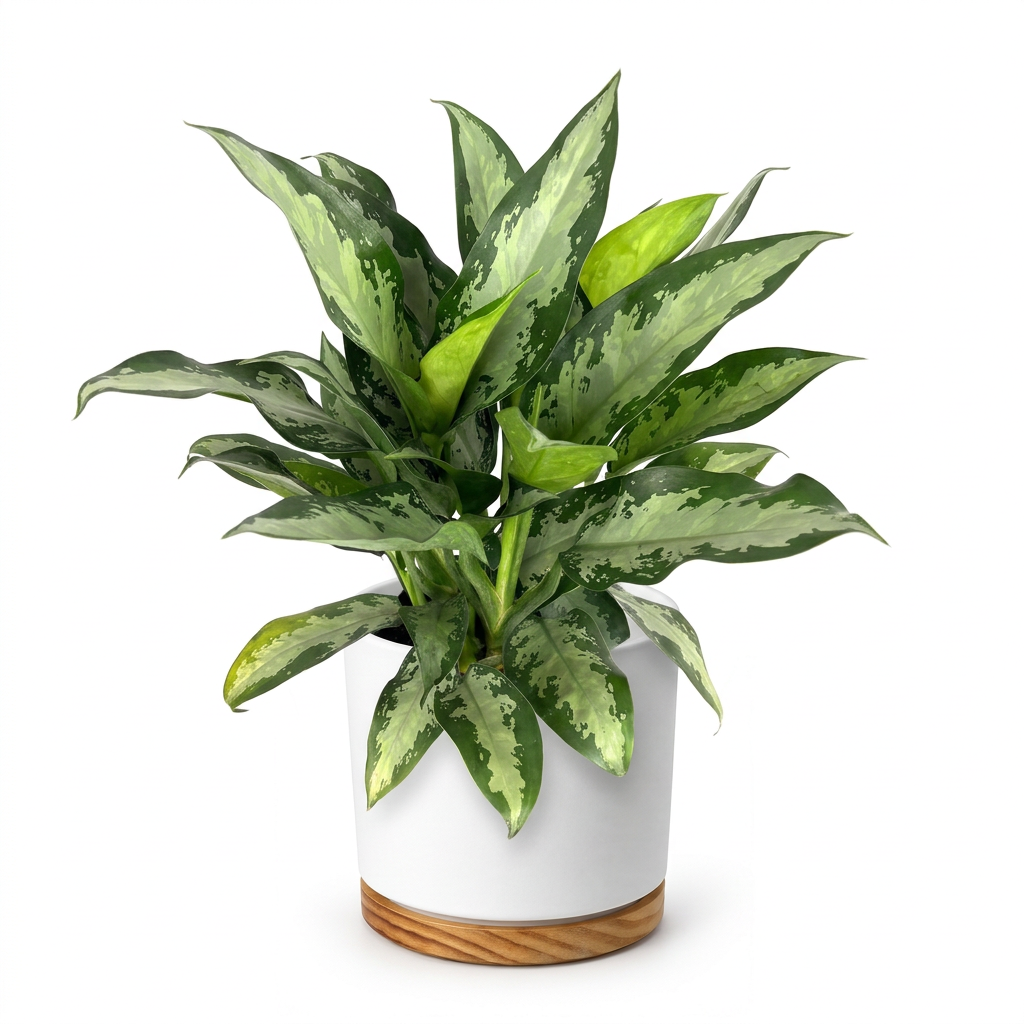 Chinese Evergreen Jubilee styled in a white OSLO planter on a white background; decorative planter sold separately