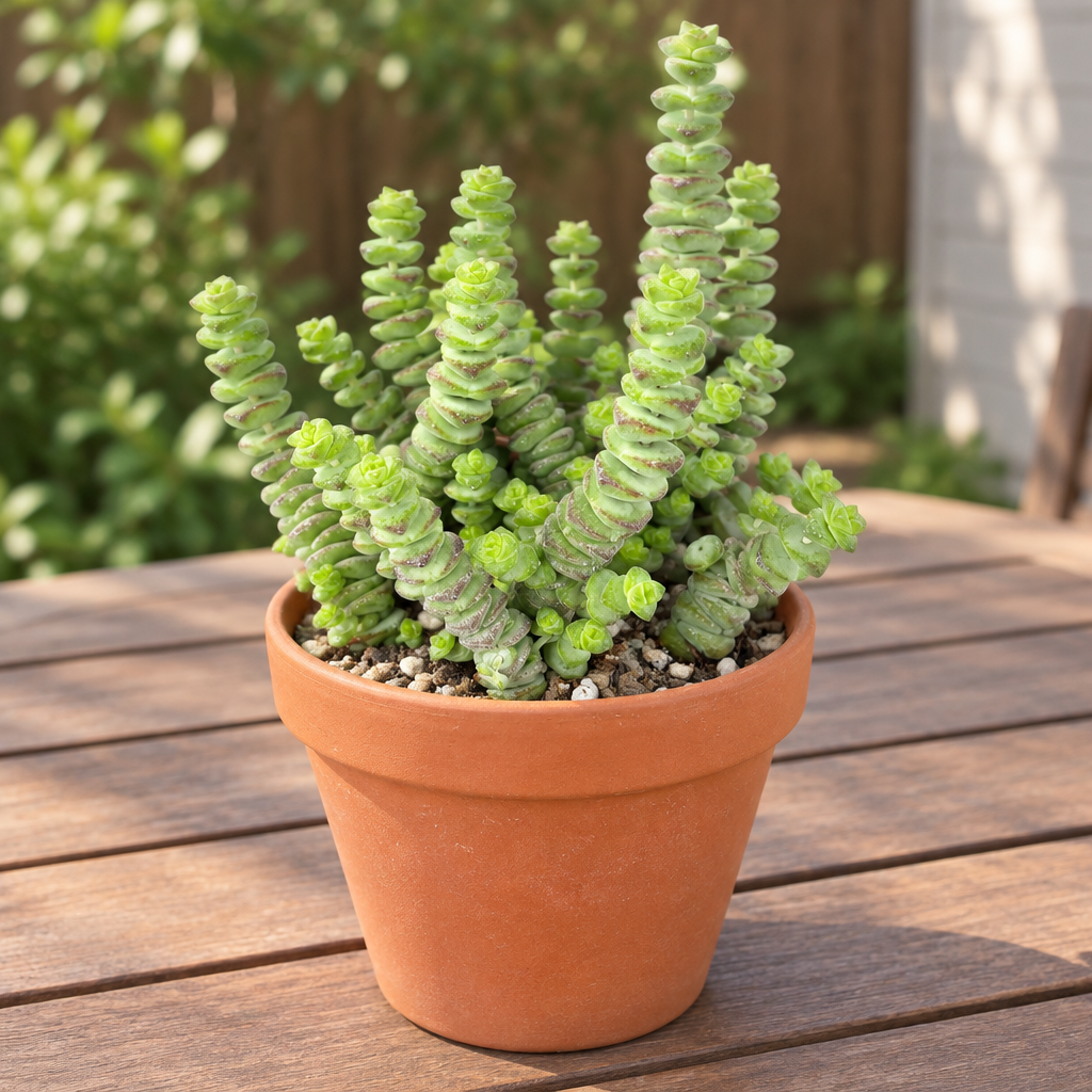 Baby Necklace Crassula in decorative terracotta pot on outdoor patio table; pot not included
