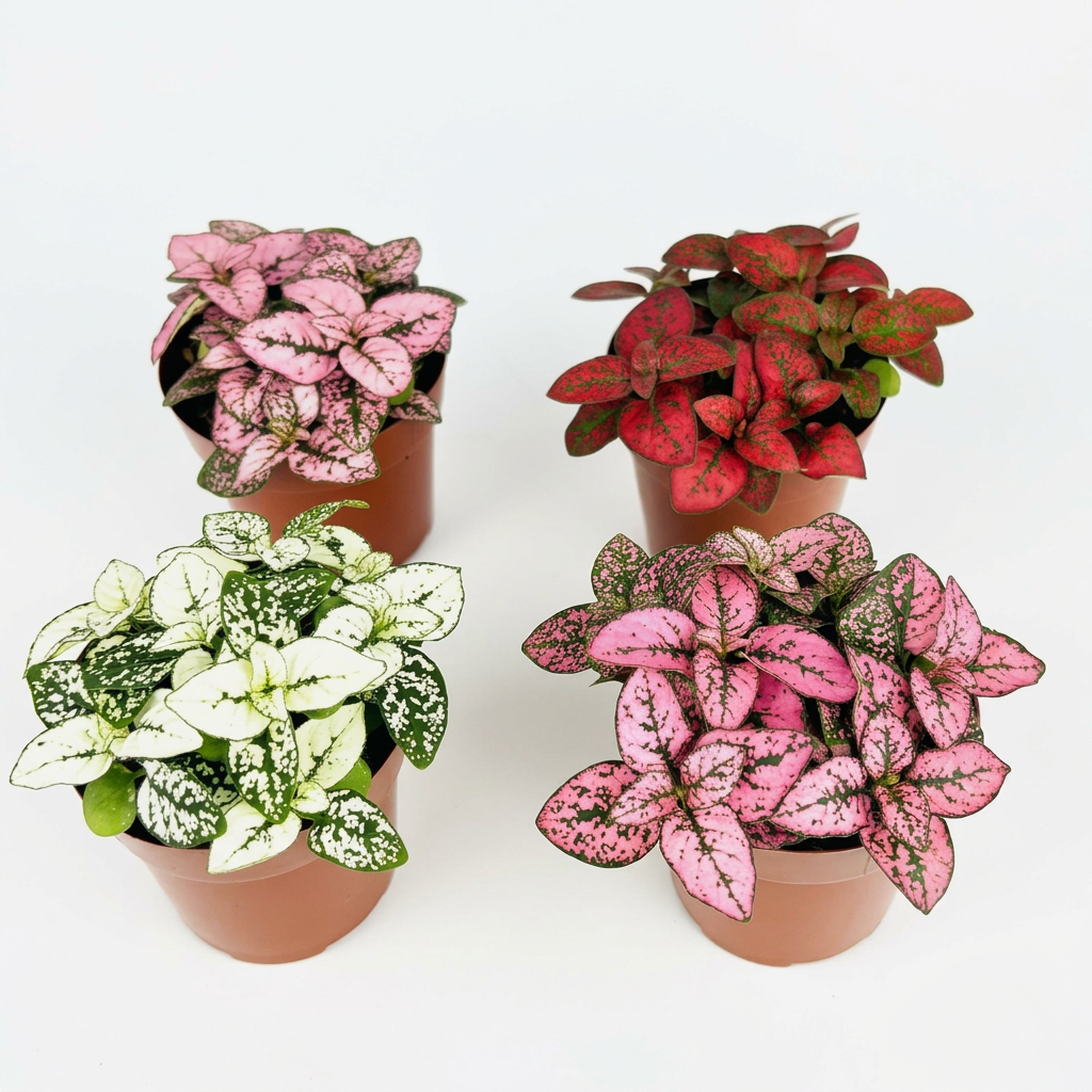 Four Hypoestes Splash plants, pink, red, white and rose, in separate brown 3.5-inch nursery grow pots on a white studio background; natural leaf patterns and fullness vary
