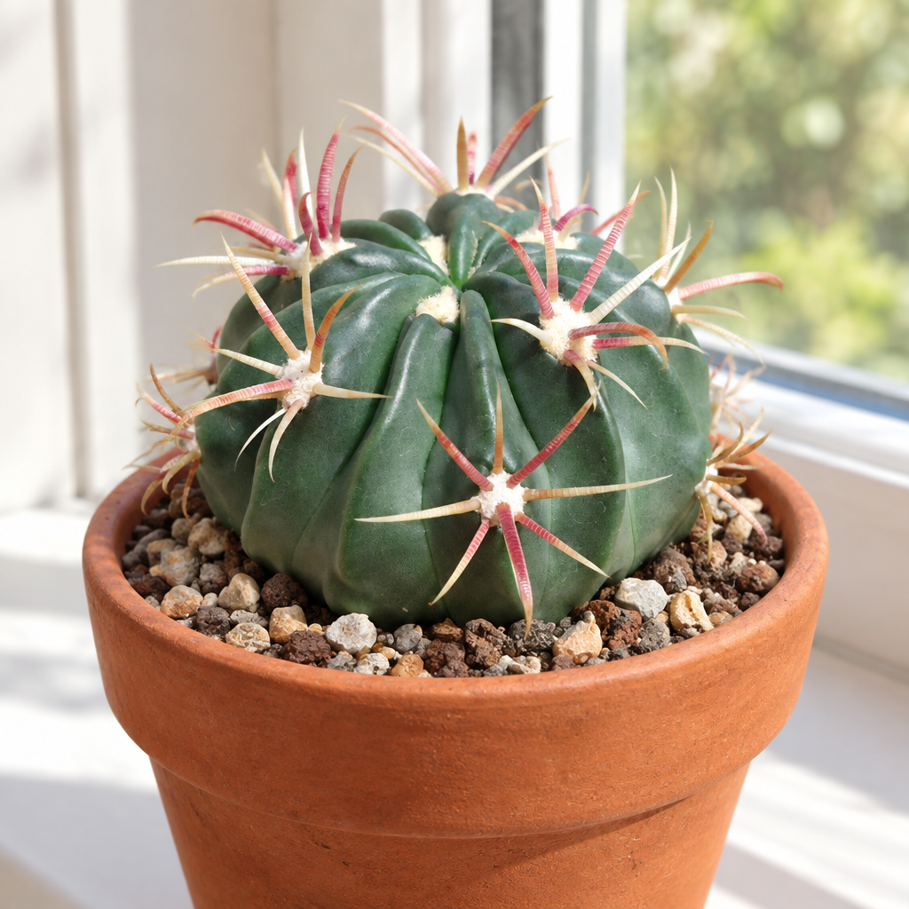 Devil’s Tongue Barrel Cactus in terracotta on a bright indoor windowsill