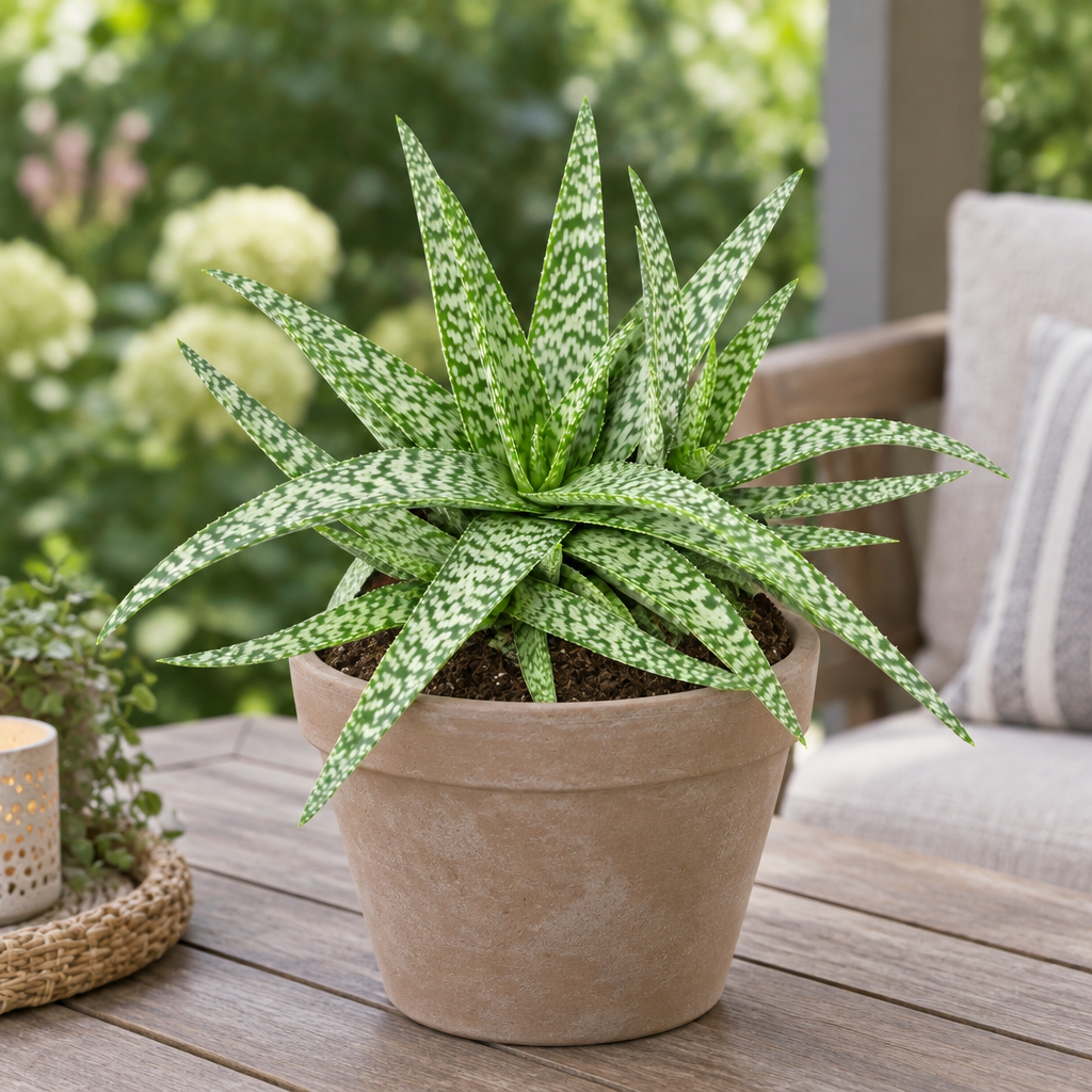Aloe White Beauty in a taupe terracotta pot on a shaded patio table