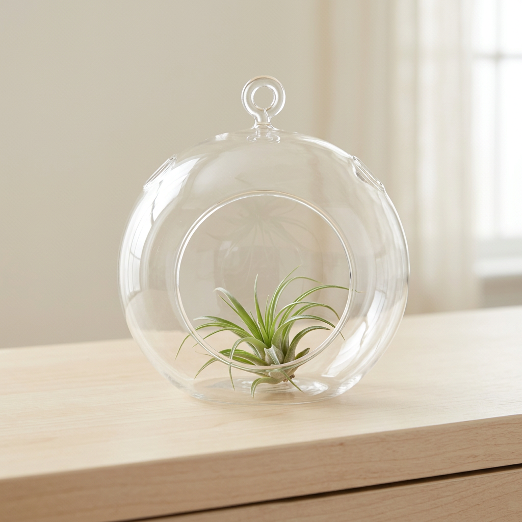 5.5-inch clear glass orb terrarium styled with an air plant in an indoor setting; plant sold separately