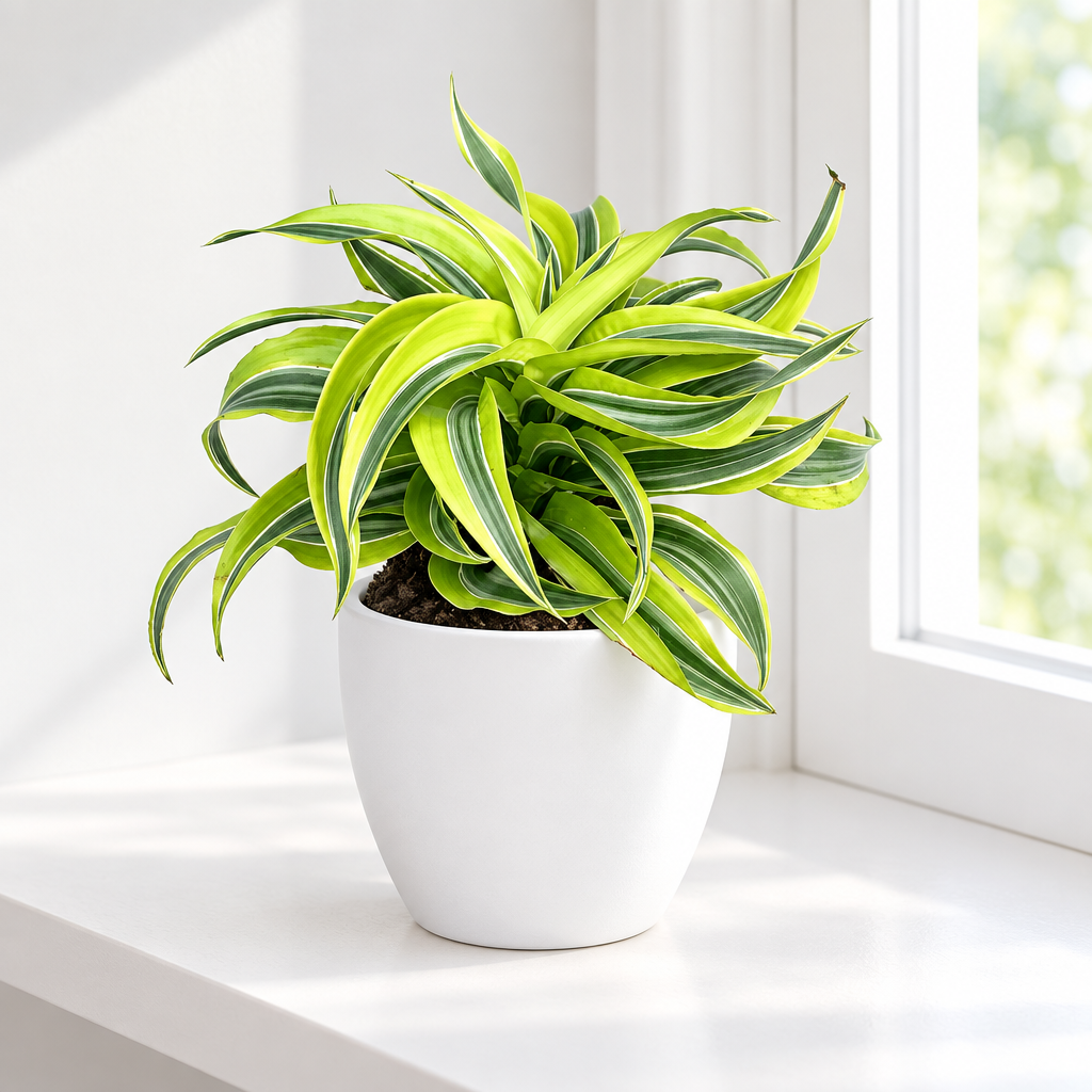 Dracaena Lemon Surprise styled in a separately sold white Basel planter beside a bright window