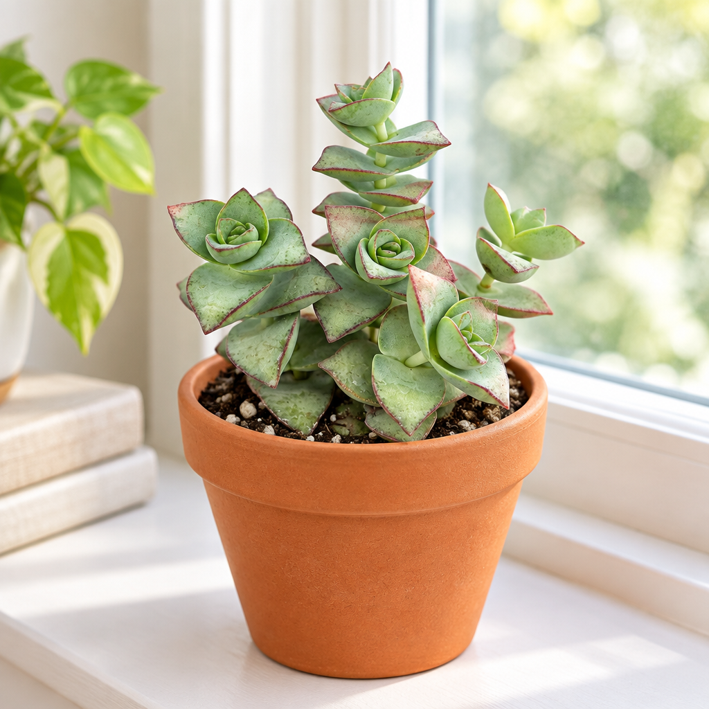 Ivory Pagoda succulent planted directly in terracotta on a bright indoor windowsill