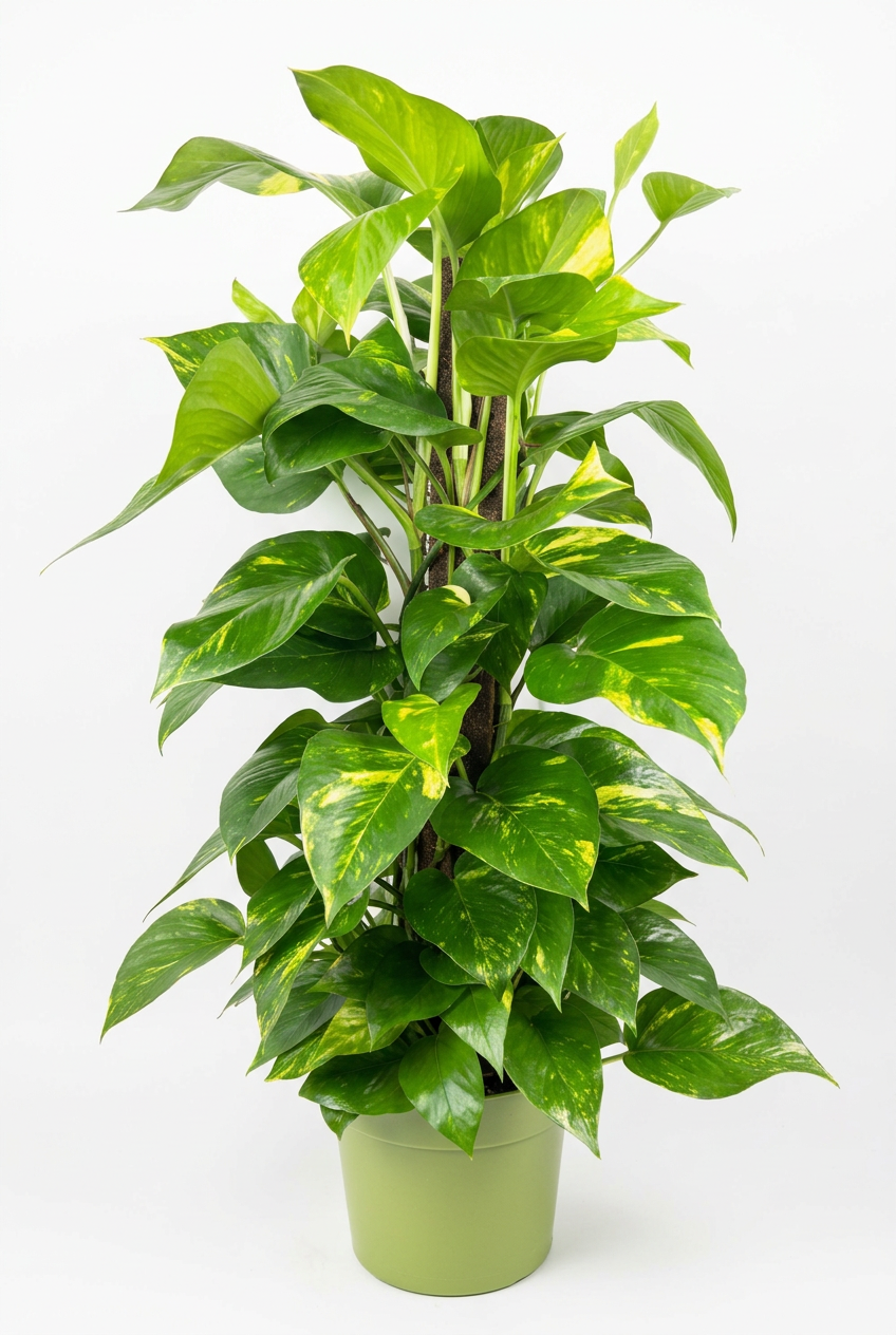 Golden Pothos XL with green and golden-yellow heart-shaped leaves climbing its included moss pole in a light green 8-inch grow pot on white.