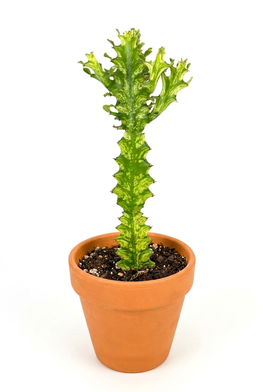 Variegated Euphorbia with a single upright lower stem and branching crown styled in terracotta on white; decorative pot sold separately.
