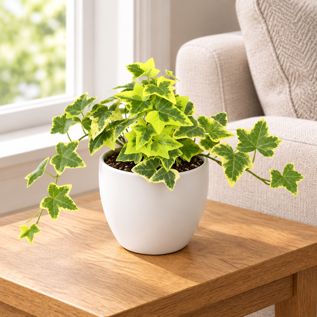 Gold Child ivy styled in separately sold white Basel planter on a living room table
