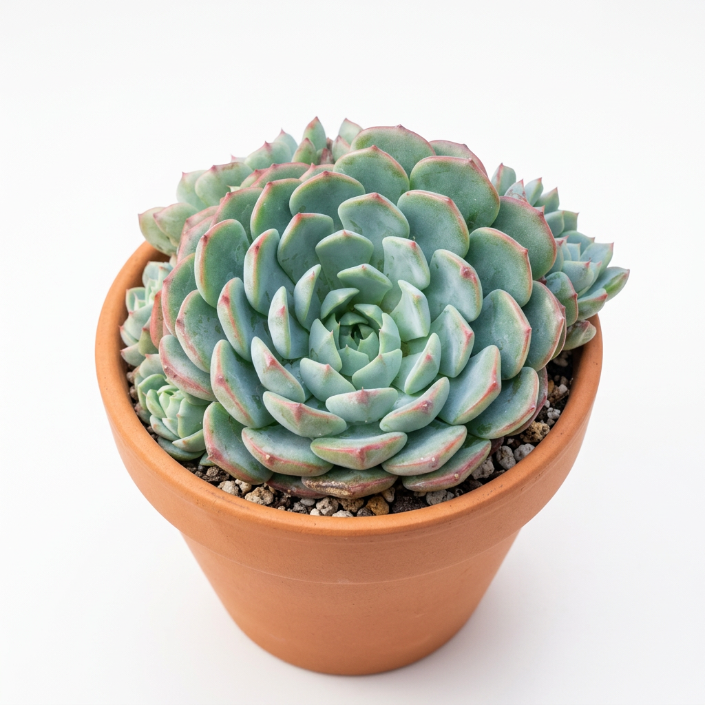 Echeveria Minima Bella styled in a terracotta pot against a white studio background; decorative pot sold separately