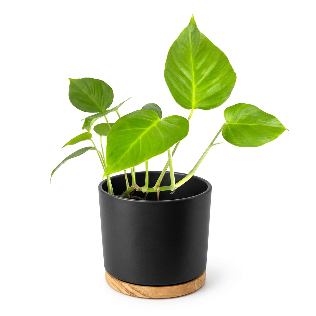 Monstera Sierrana styled in a black OSLO planter against a white background; decorative planter sold separately