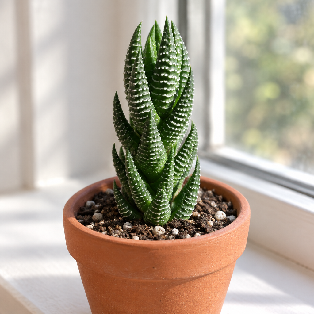Haworthia reinwardtii in terracotta on a bright indoor windowsill