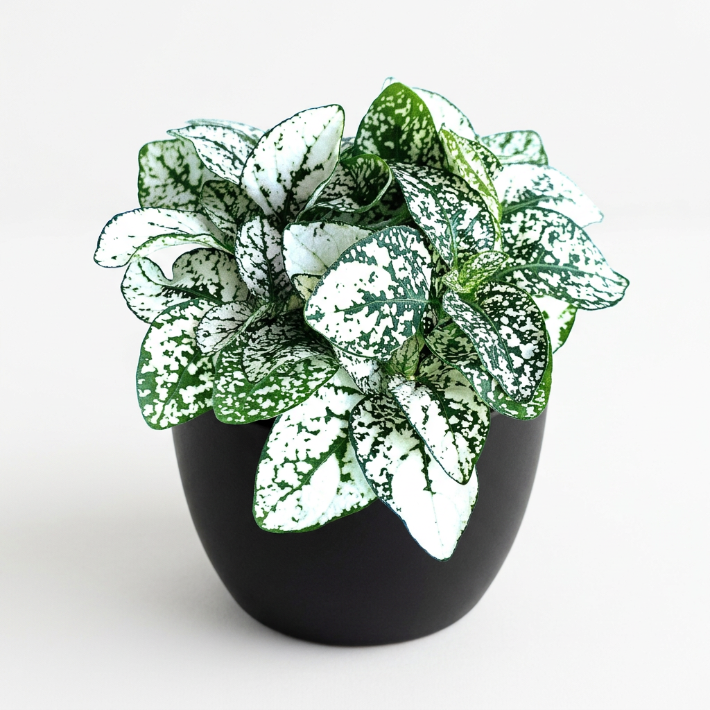 Hypoestes White Splash Polka Dot Plant in a black BASEL 4.7-inch planter on white; planter sold separately, plant ships in a 3.5-inch nursery grow pot